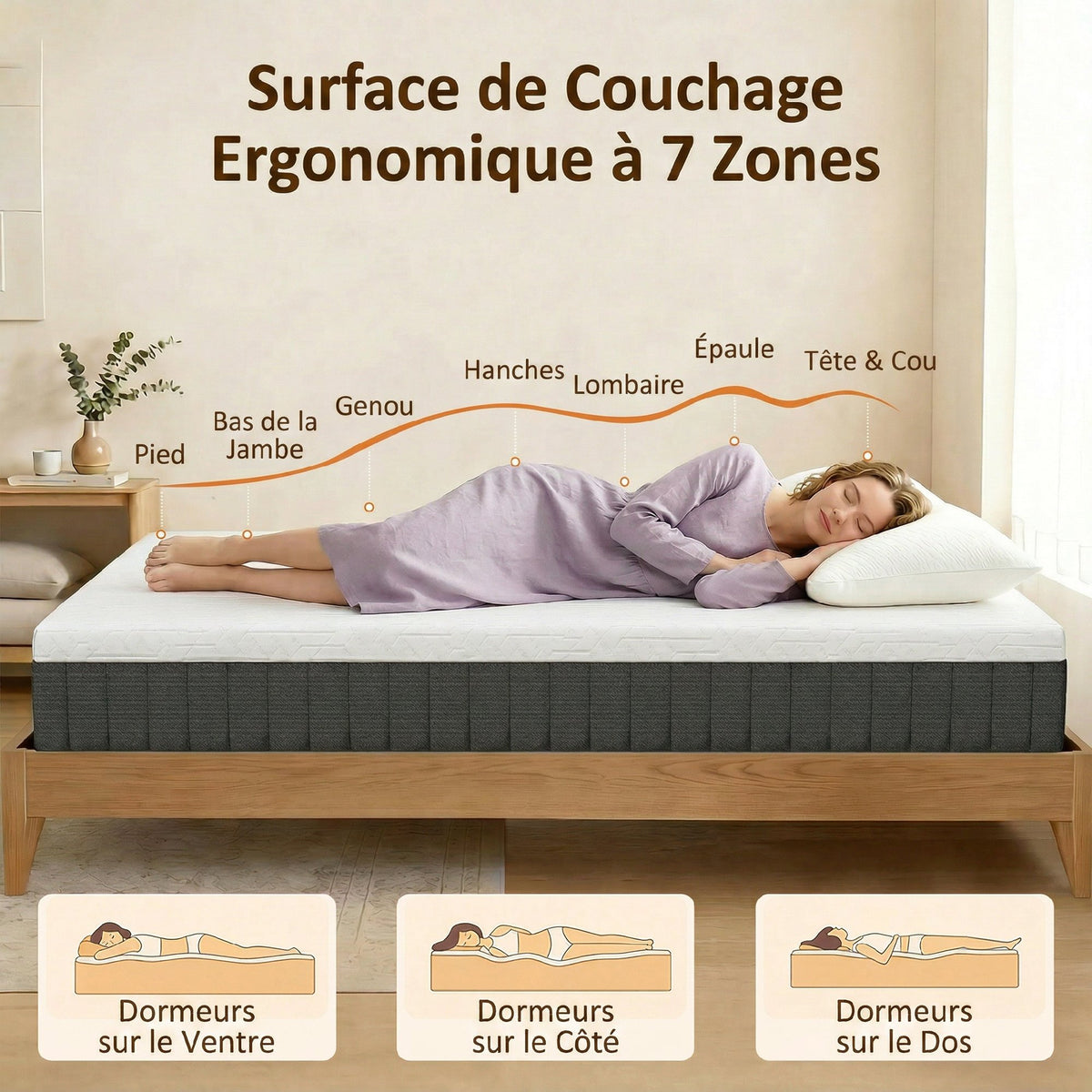 Matelas 140 x 190 cm, 25 cm d'épaisseur, mousse à mémoire de forme, ressorts ensachés 7 zones, fermeté moyenne-4