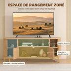 Meuble TV 140 cm avec 2 Prises et 2 Ports, Meuble Télé pour 84 Pouces, 2 Portes Battantes, 2 Portes Coulissantes, Chêne-5