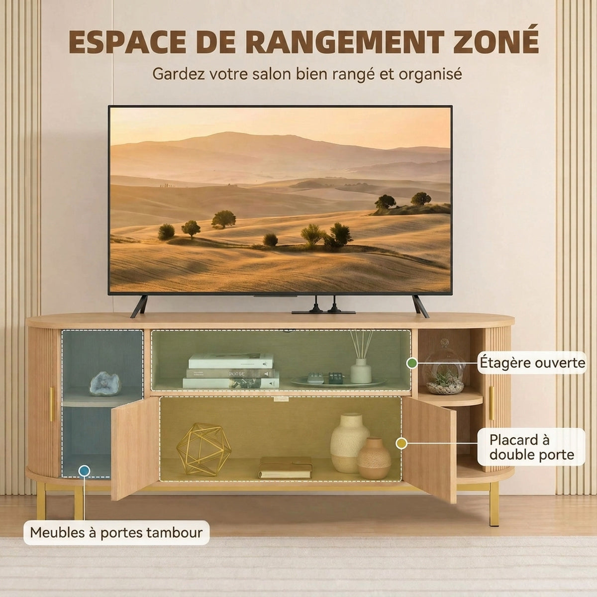 Meuble TV 140 cm avec 2 Prises et 2 Ports, Meuble Télé pour 84 Pouces, 2 Portes Battantes, 2 Portes Coulissantes, Chêne-5