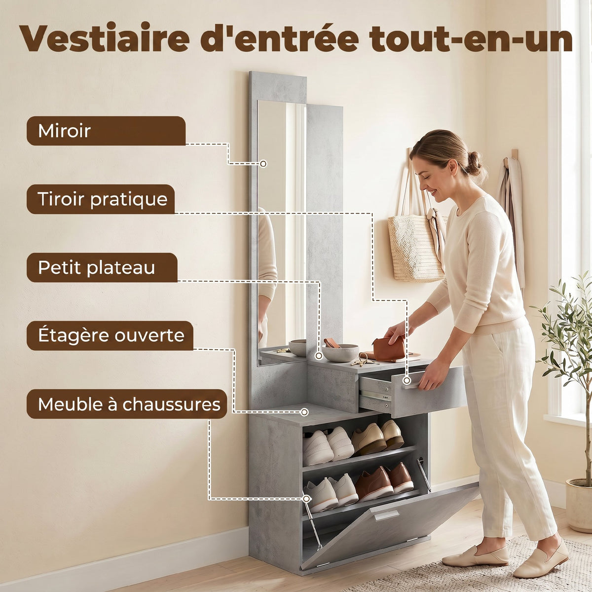 Ensemble meuble d'entrée avec meuble à chaussures abattant, vestiaire avec miroir, tiroir et plateau, gris-3