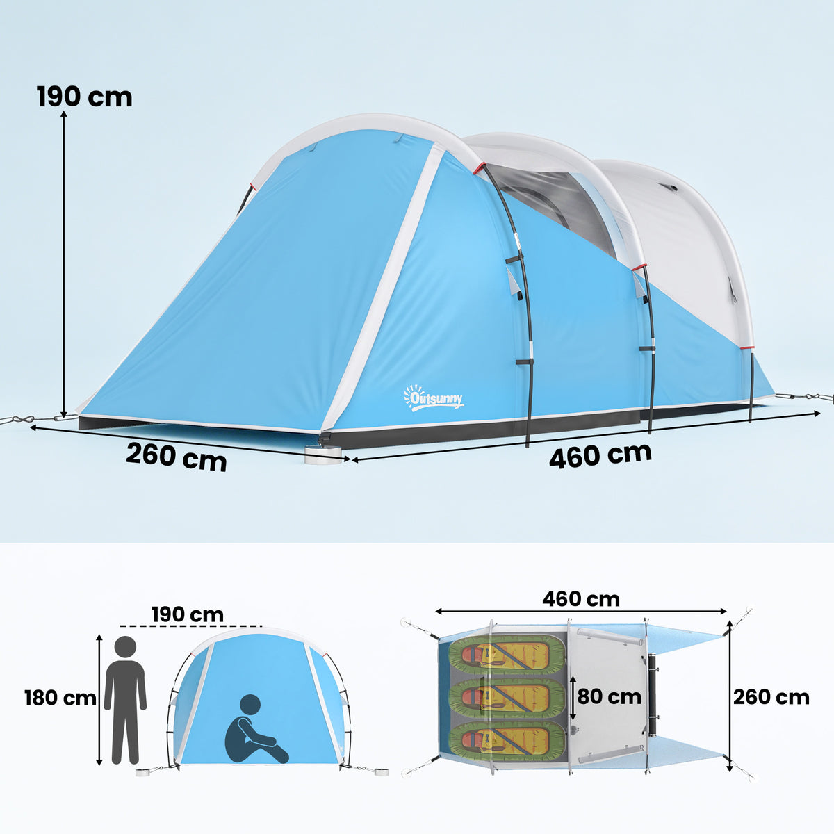 Tente de camping familiale 3 personnes, tente tunnel imperméable, 2 portes fenêtres, ventilée 4,6 x 2,6 x 1,9 m, bleu-2