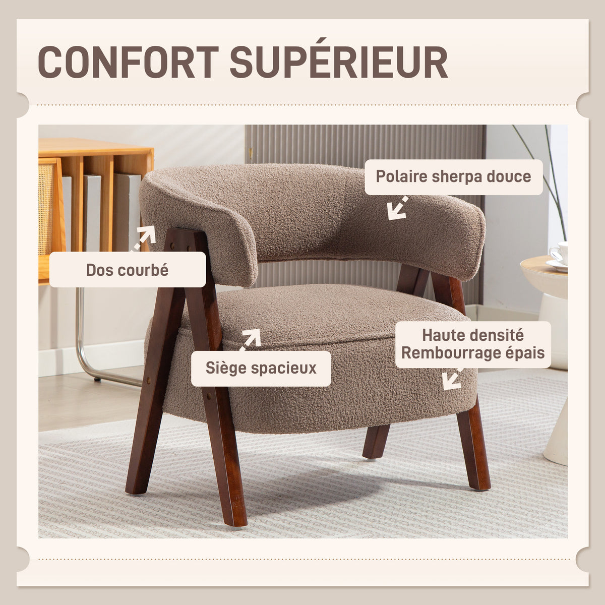 Fauteuil de salon en tissu bouclette, chaise rembourrée, assise large, dossier ergonomique, 70 x 64 x 71 cm, marron-3