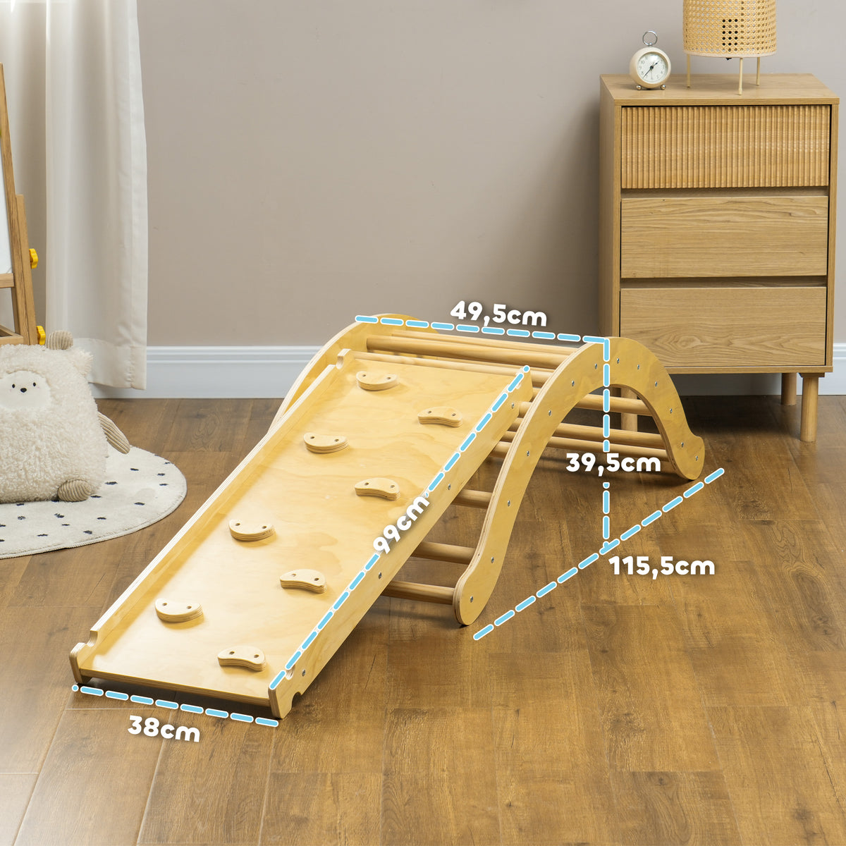 4 en 1 Arche escalade enfants, chaise à bascule, rampe d'escalade double face et coussin, 168x49,5x39,5cm, bois naturel-2