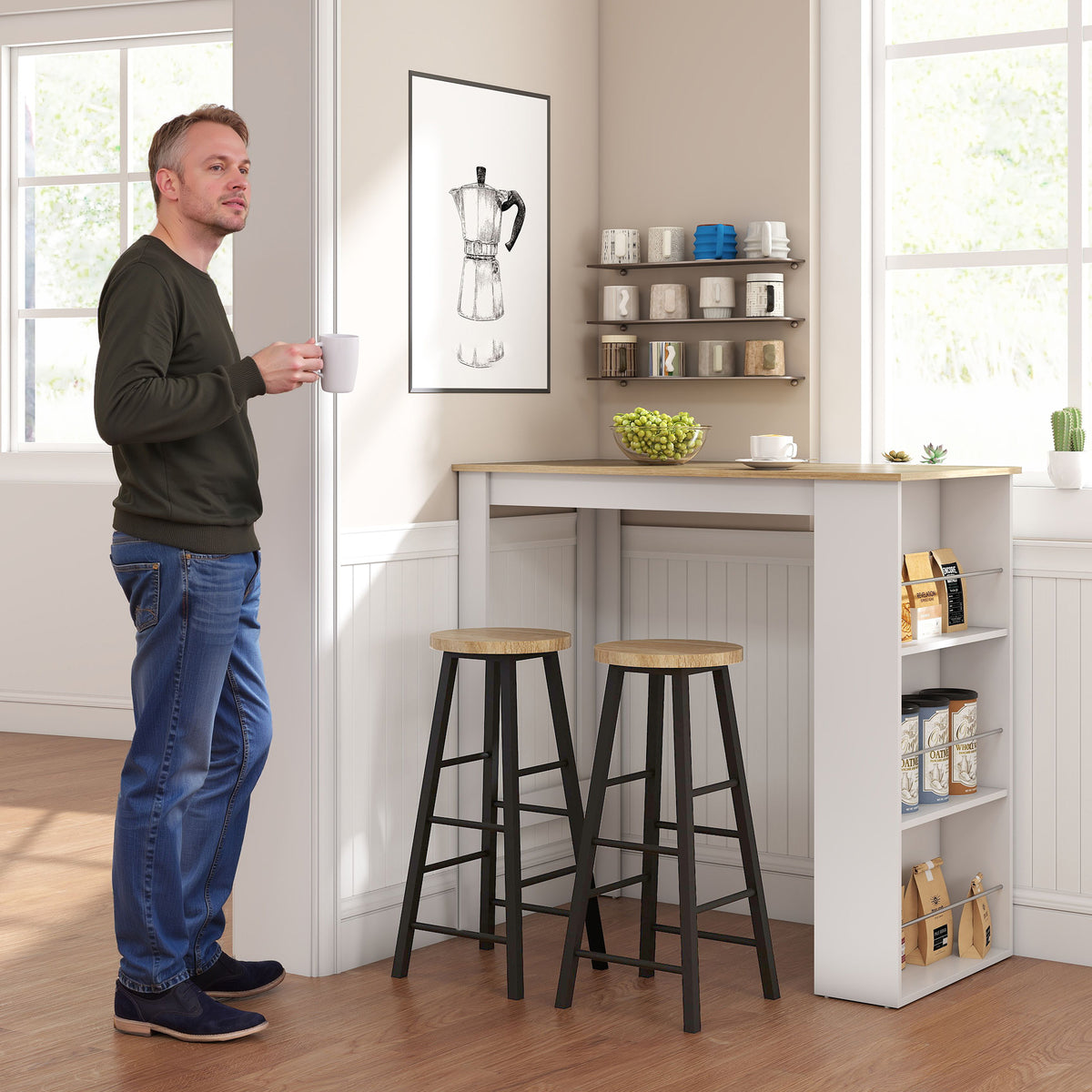Table de bar table haute de cuisine mange-debout comptoir 112L x 57l x 106H cm - 3 étagères - aspect chêne clair blanc-7