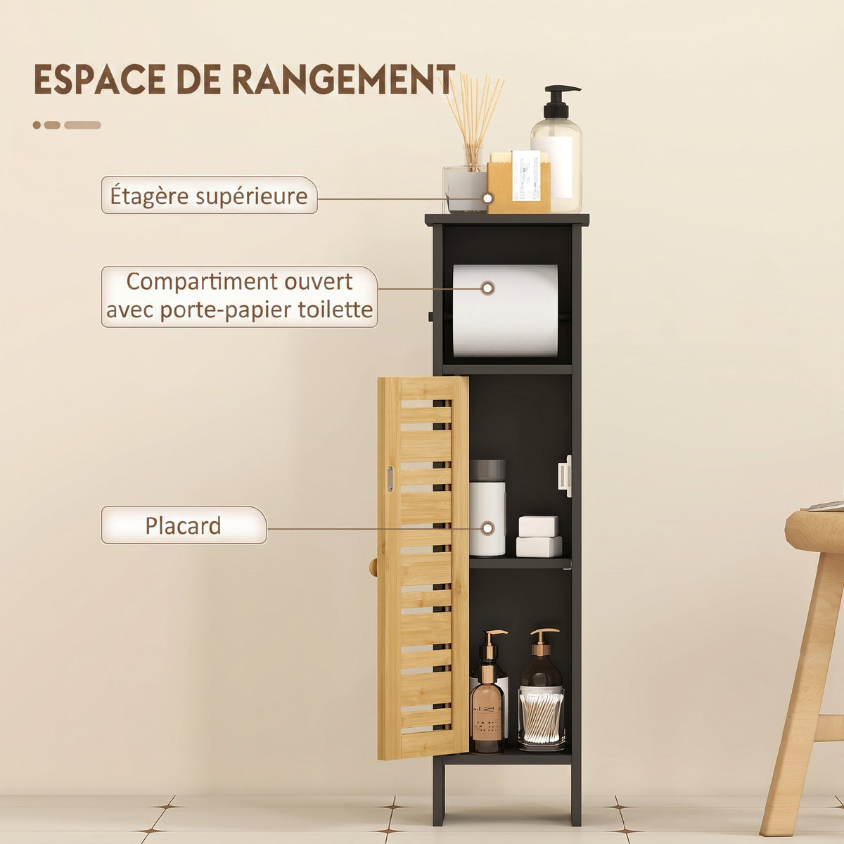 Meuble de salle de bain avec support papier toilette barre amovible 3 Niveaux + Sortie Papier, 78H cm, Bambou noir-3