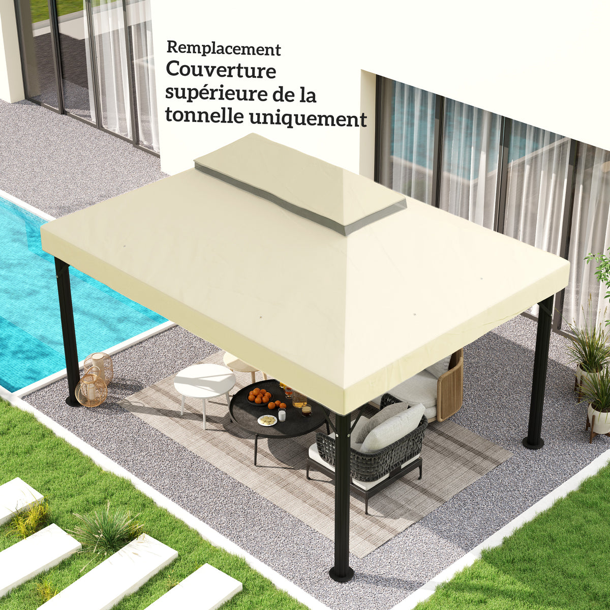 Toile pour tonnelle toile de rechange pour tonnelle à 2 niveaux protection UPF30+ trous de drainage 4 x 3 m crème-6