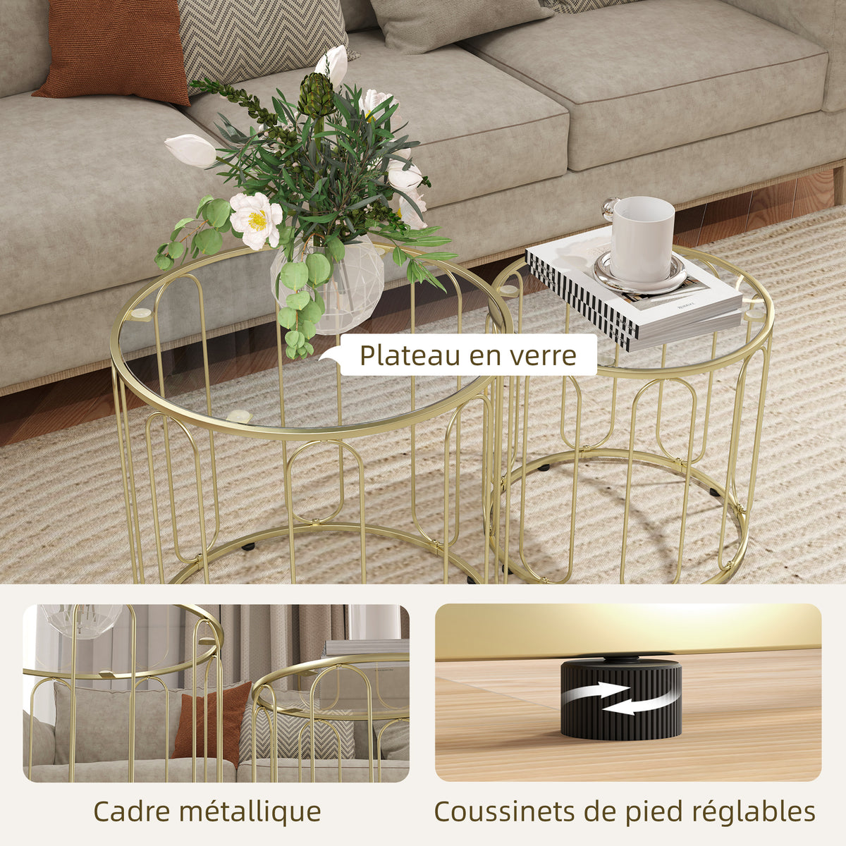 Lot de 2 tables basses gigognes rondes modernes avec cadre en métal et plateau en verre, ton doré-5
