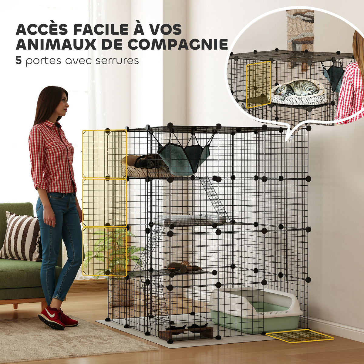 Clôture pour animaux domestiques lapin enclos intérieur 4 niveaux modulable panneaux grillagés 105 x 105 x 140 cm noir-5