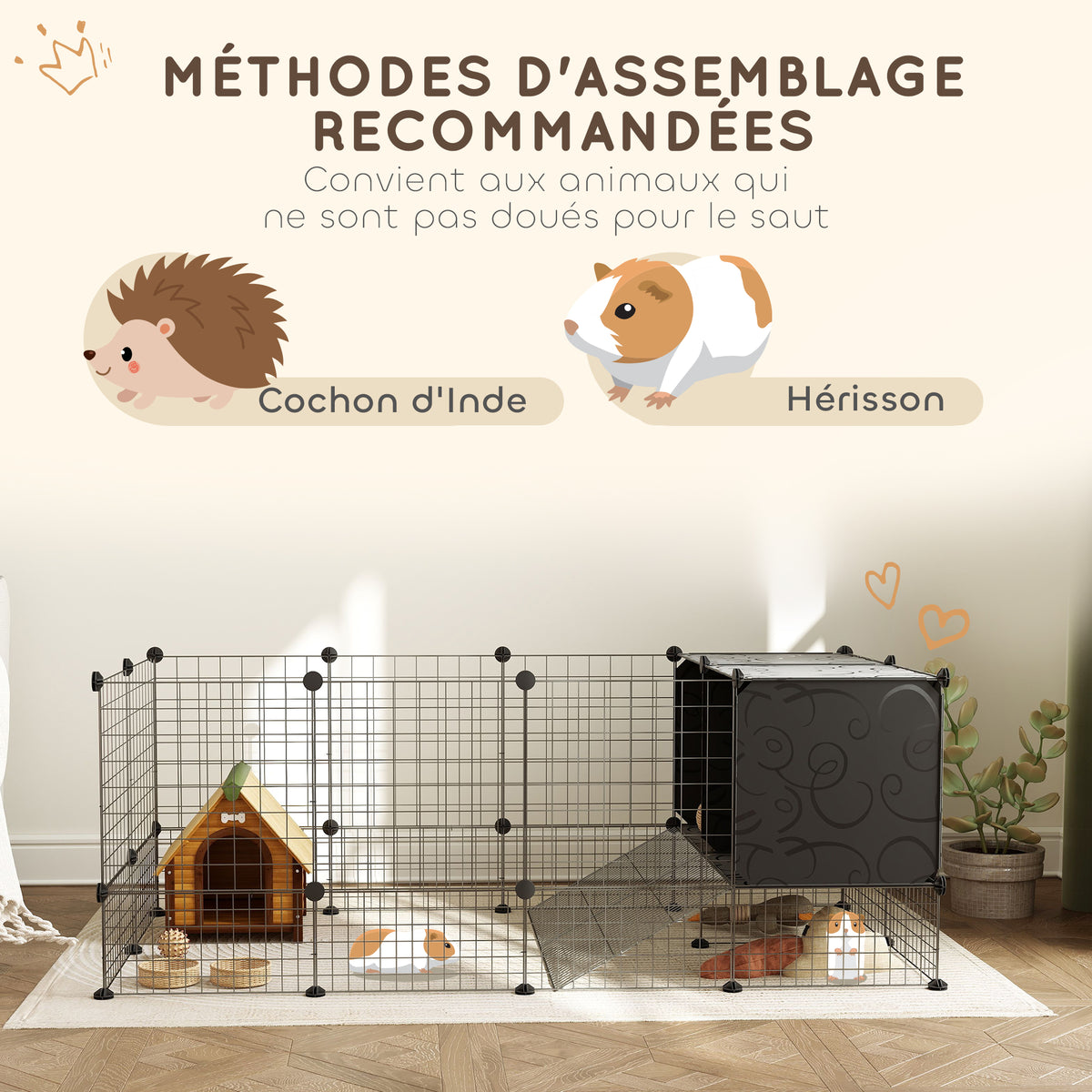 Enclos pour petits animaux, cage à lapin modulable 31 panneaux avec niches surélevées, en acier, 140x70x52cm, noir-6