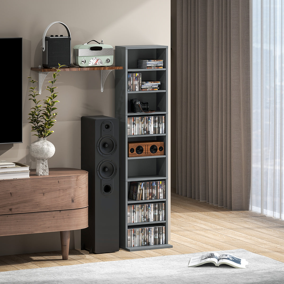 Rangements pour CD et DVD 9 compartiments et 6 étagères réglables capacité max. 260 CD/120 DVD 33 x 24 x 140 cm gris-8
