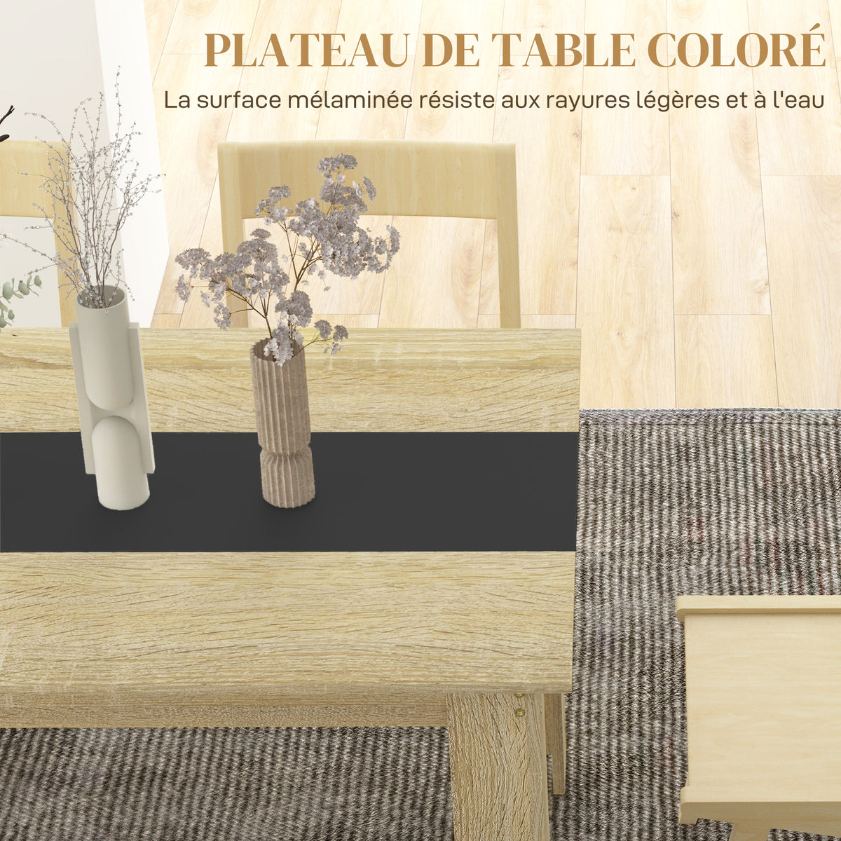 Table de salle à manger pour 6 personnes en bois aspect naturel et noir, dim. 140L x 90l x 75H cm-4