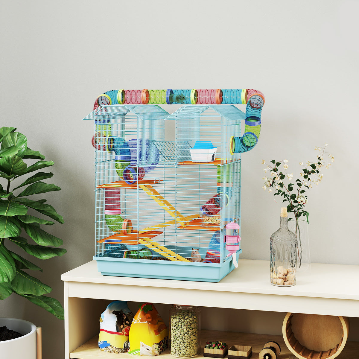 Cage pour hamster souris petit animaux rongeur avec tunnel mangeoire roue jouet 47 x 30 x 59 cm bleu clair-9