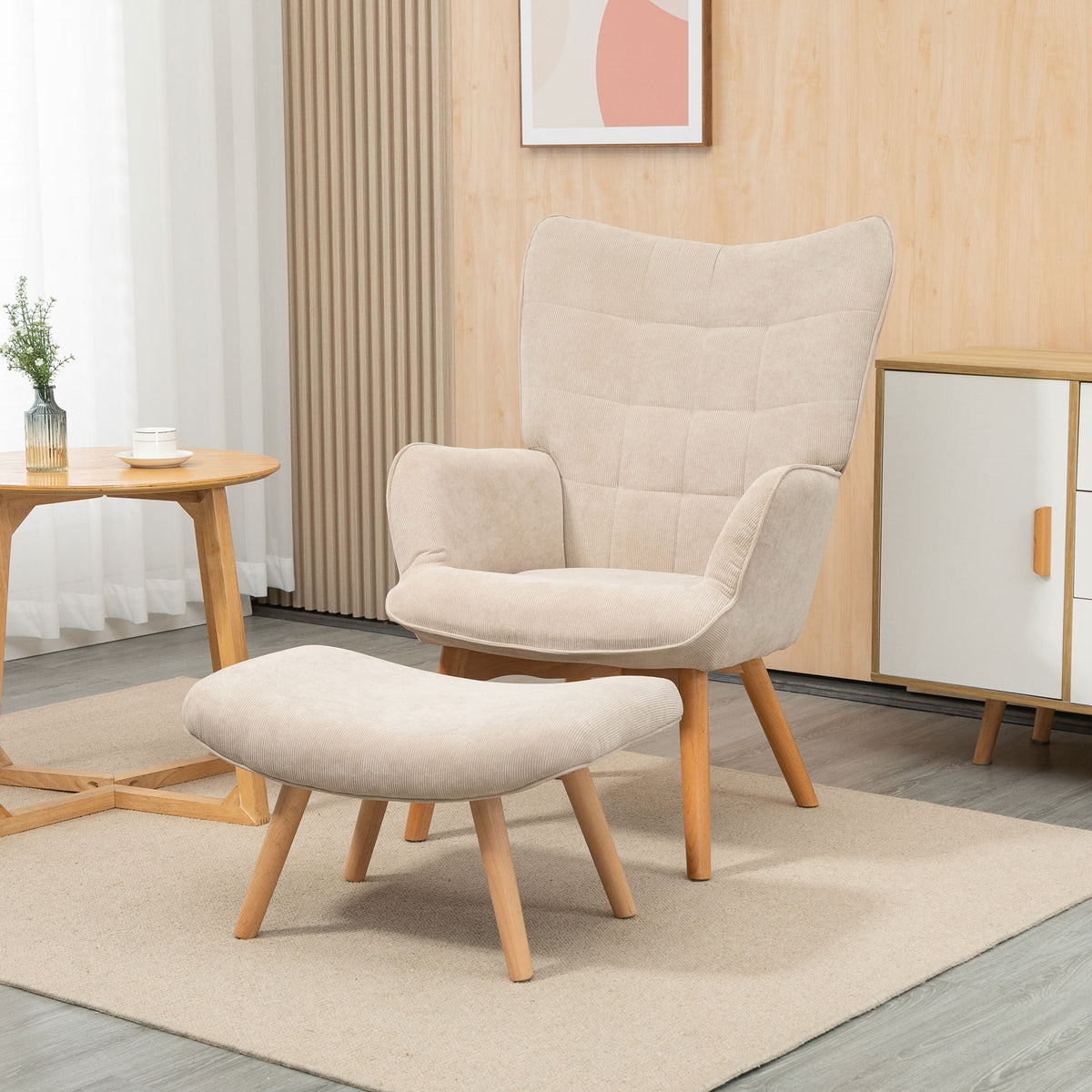 Fauteuil avec repose pied, dossier haut, pieds en bois et tissu aspect velours côtelé, pour salon chambre à coucher beige-6