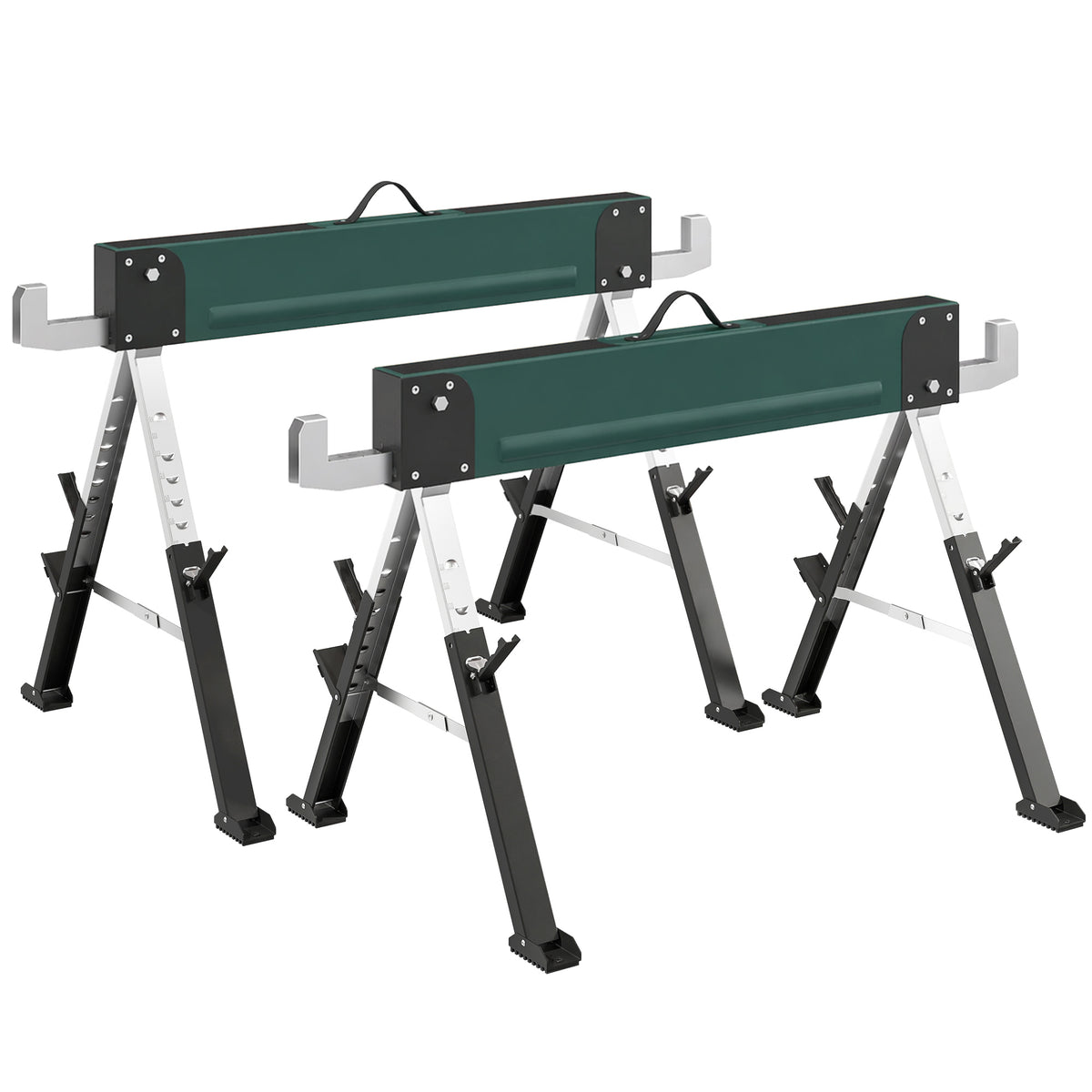 lot de 2 tréteaux pliables en métal, charge max 1160 kg, hauteur réglable 64-81cm, poignée de transport, vert-0