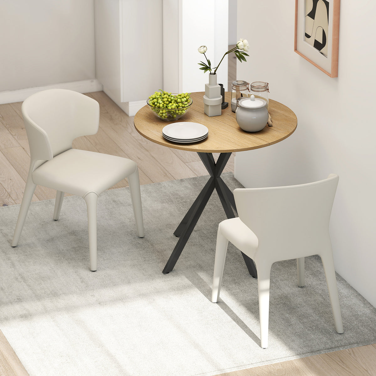 Table à manger ronde pour 2 personnes avec plateau aspect bois et piètement croisé en acier, blanc chêne-7