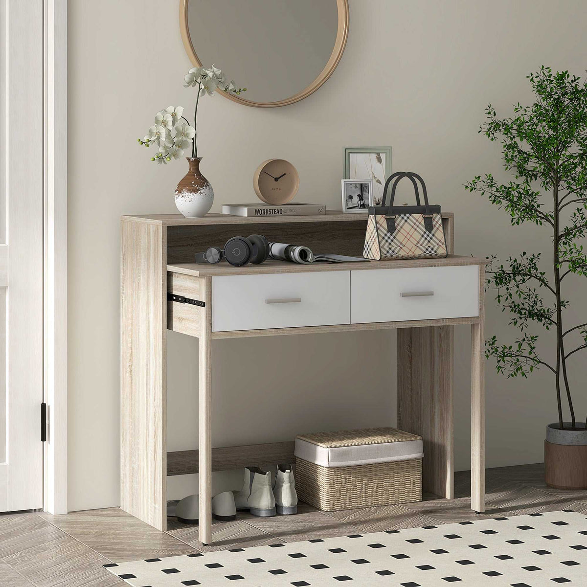 Table console avec plateau coulissant et 2 tiroirs, table de couloir avec rangement, 95l x 35P x 87H cm, aspect chêne-1