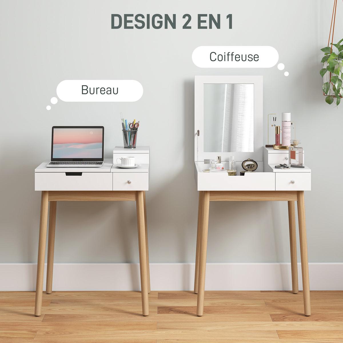 Coiffeuse avec miroir table de maquillage style moderne - 2 tiroirs, miroir rabattable pour chambre à coucher, salon, 60 x 50 x 85,5 cm blanc-3