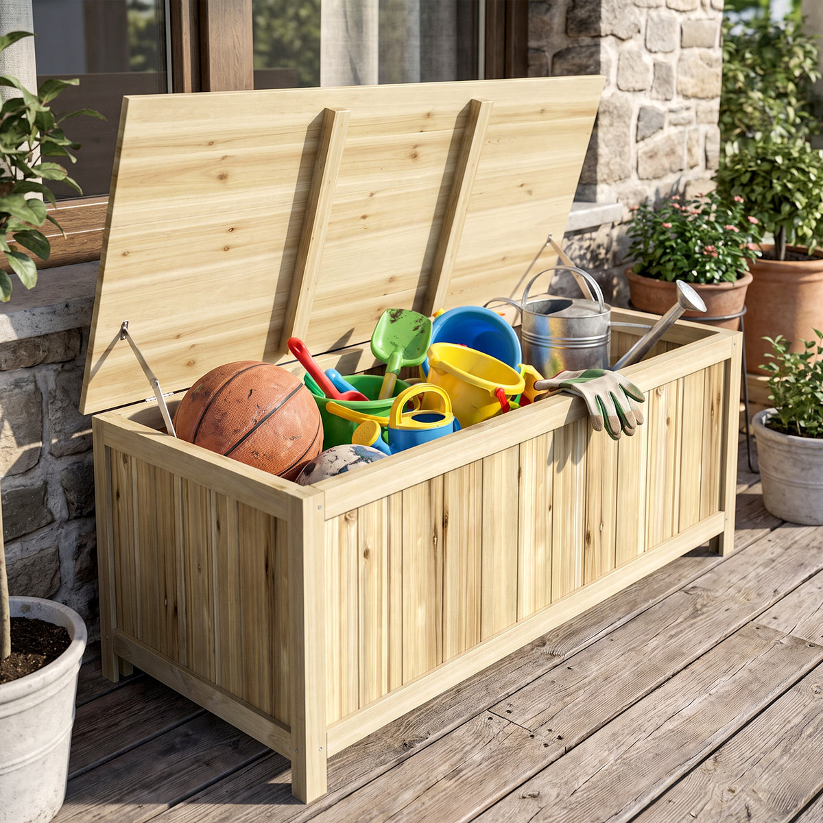 Coffre de rangement jardin en bois 172L avec vérins, pour l'extérieur - 120L x 55l x 45H cm-8