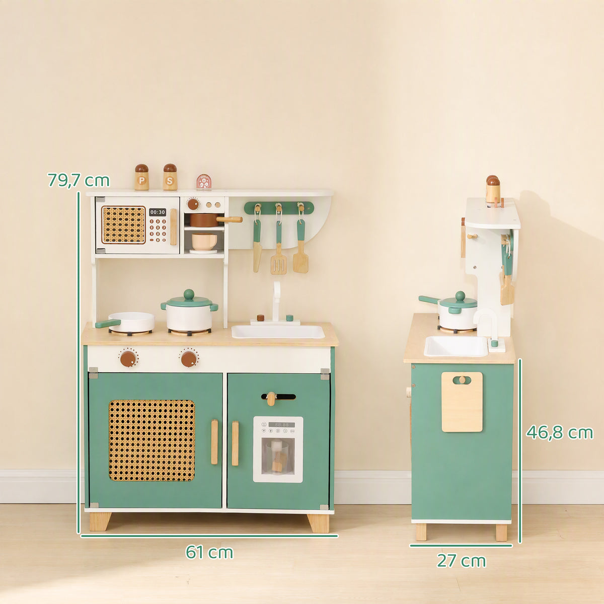 Cuisine Enfant en Bois 19 Accessoires, Cafetière, Machine à Glaçons, Micro-Ondes, Placard, 3-6 Ans, 61x27x79,7cm, Vert-2