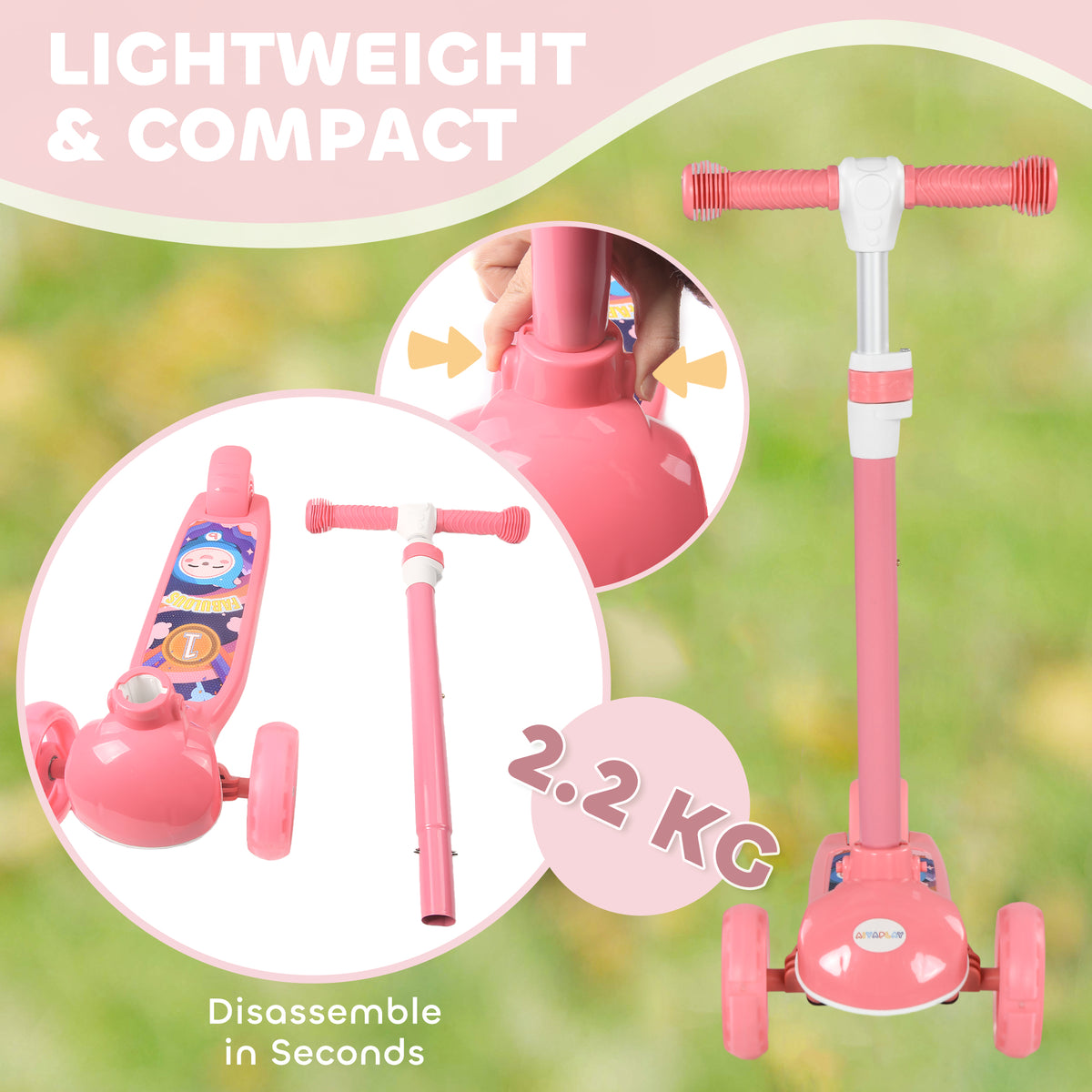 Trottinette enfant 3 Roues Lumineuses LED Hauteur Guidon réglable frein à Friction arrière de 2 à 6 ans Rose-7