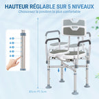 Tabouret de douche, tabouret de bain avec siège rembourrée en U amélioré et accoudoirs, hauteur réglable, gris-4