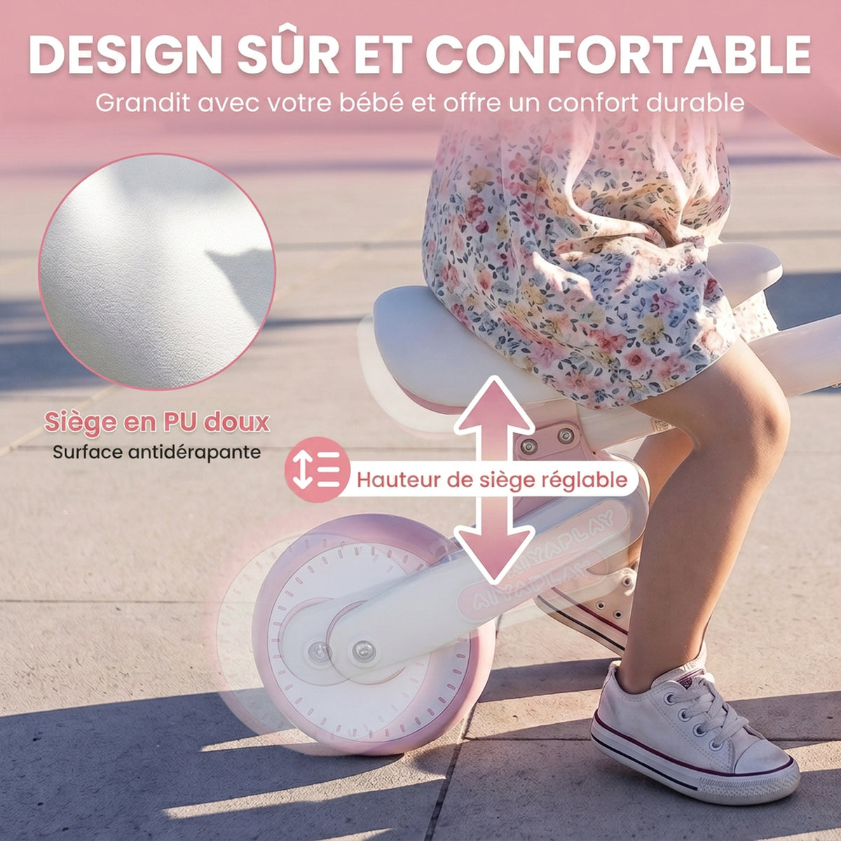 Draisienne Bébé 1-2 Ans Pliable, Siège Réglable, Direction Limitée à 135°, Pneus EVA Silencieux, 52x23x36,5cm, Rose-4