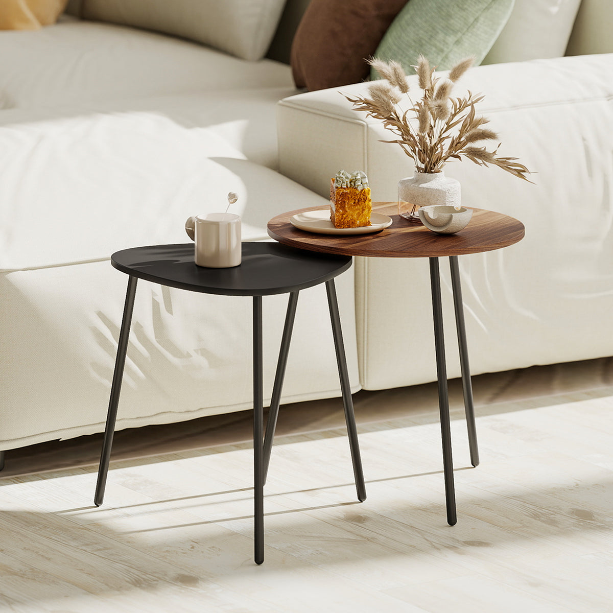 Lot de 2 tables basses gigognes, tables d'appoint contemporain cadre en métal, ronde et triangulaire, noyer et noir-5