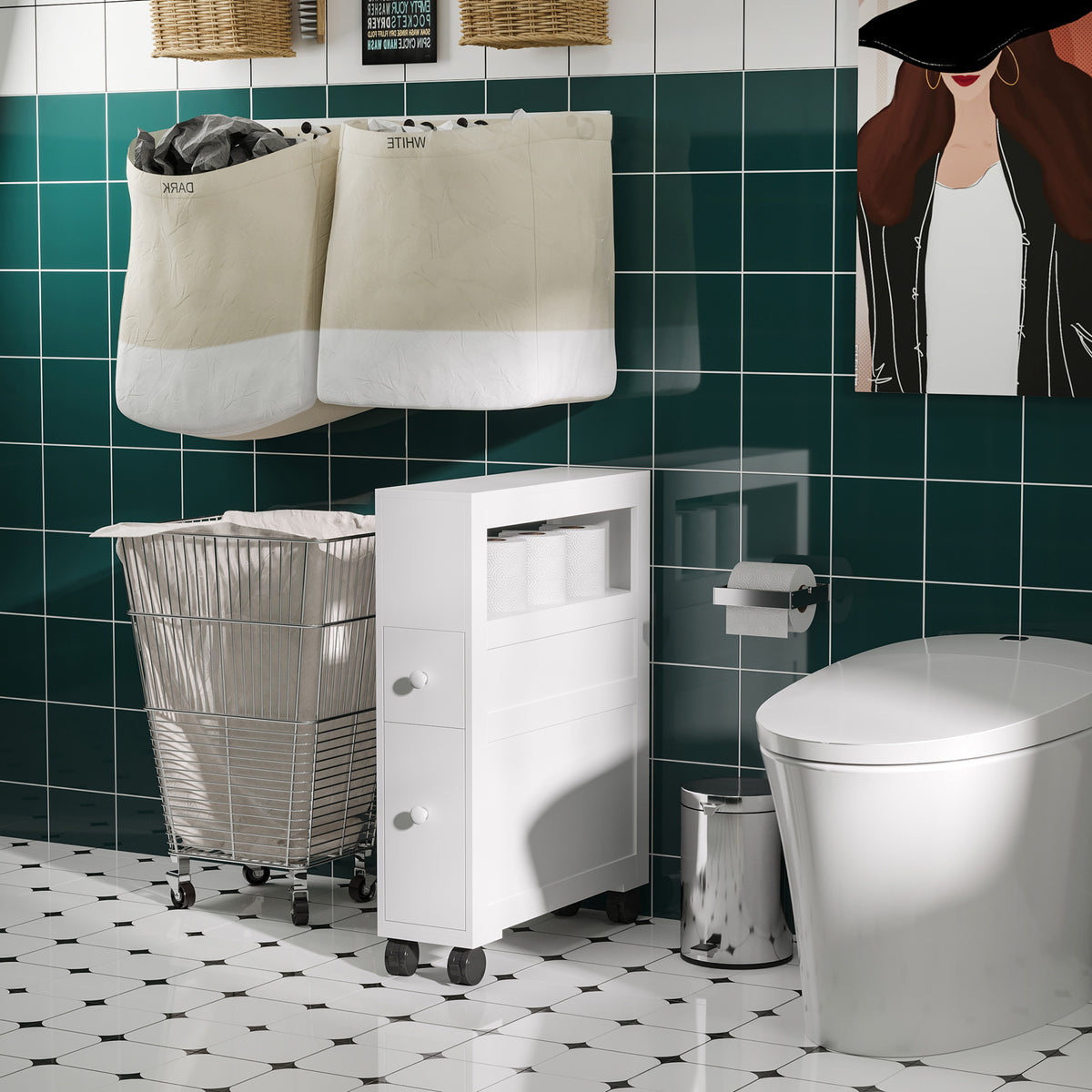 Meuble de rangement de salle de bain sur roulette armoire WC toilettes étagère ouverte 2 tiroirs 16 x 52 x 71,5 cm blanc-9