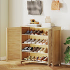 Meuble à chaussures en bambou 14 paires, armoire à chaussures avec portes persiennes et étagères réglables, bois naturel-9