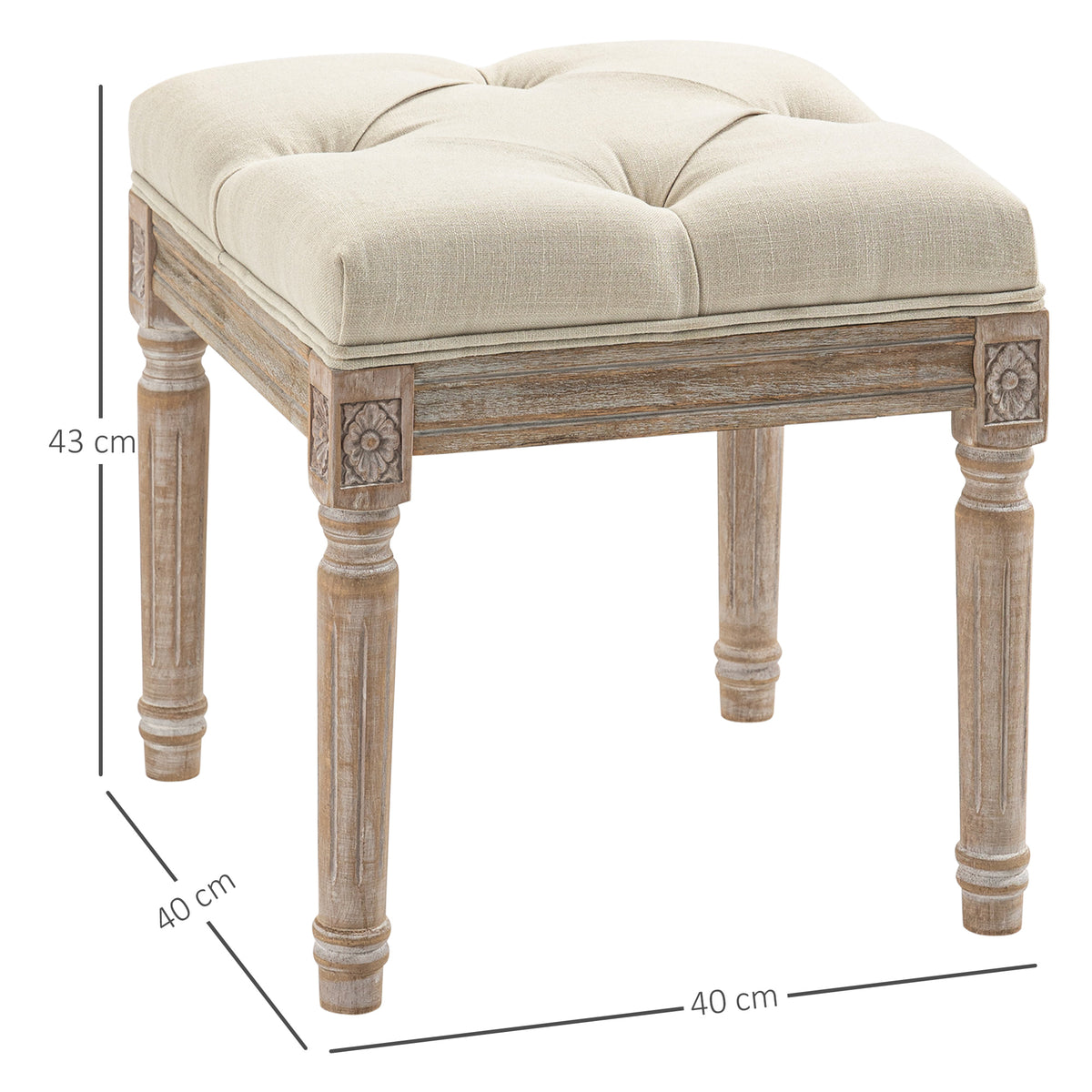 Repose pied salon, ottoman, siège rembourré en tissu aspect lin avec pieds en bois d'hévéa, 40 x 40 x 43 cm, beige-2