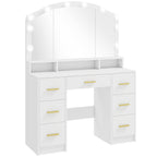 Coiffeuse avec Miroir, Lumières LED Réglable 3 Couleurs, 7 Tiroirs, 3 Compartiments Ouverts, 110 x 40 x 150 cm, Blanc-0