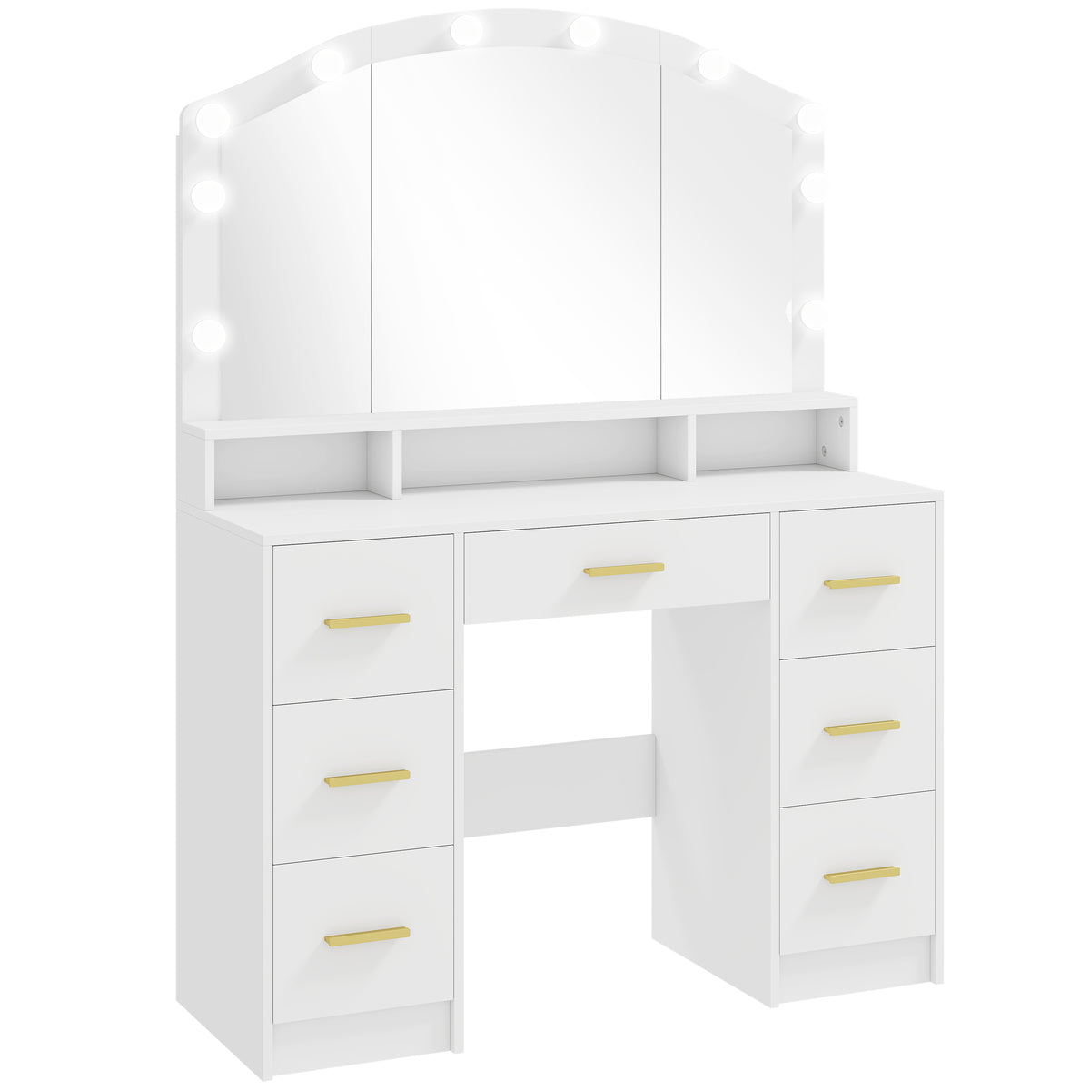 Coiffeuse avec Miroir, Lumières LED Réglable 3 Couleurs, 7 Tiroirs, 3 Compartiments Ouverts, 110 x 40 x 150 cm, Blanc-0