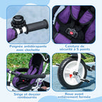 Tricycle enfant évolutif pare-soleil pliable canne télescopique amovible 95 x 50 x 106 cm acier violet blanc-6