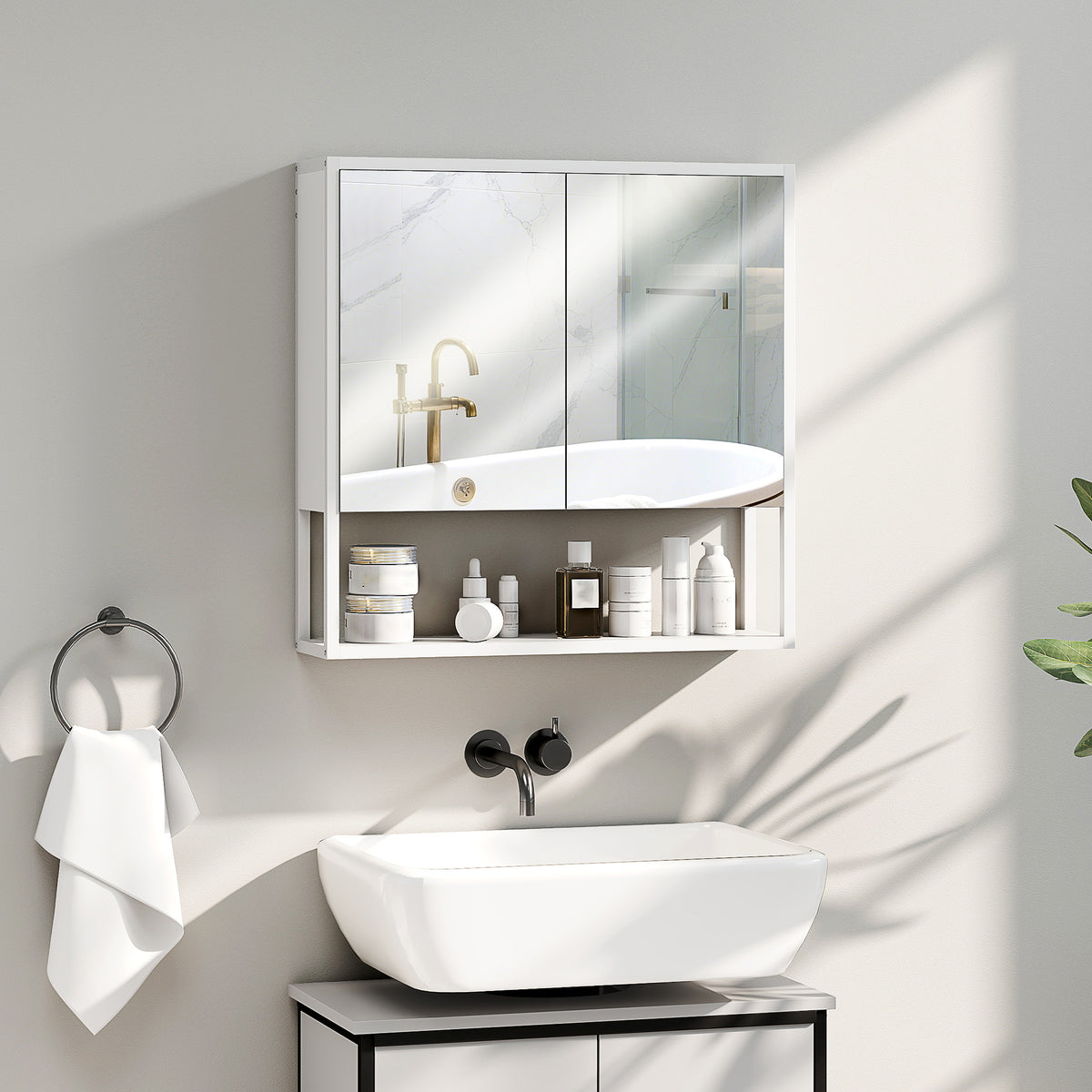 Armoire murale salle de bain avec miroir, meuble salle de bain, 2 portes miroir, étagère ouverte 60 x 16 x 60 cm blanc-1