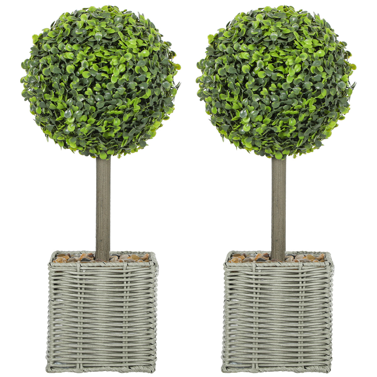 Lot de 2 plantes artificielles décoratives, boules de buis artificiel 50 cm avec pot en plastique tressé et galets, vert-0
