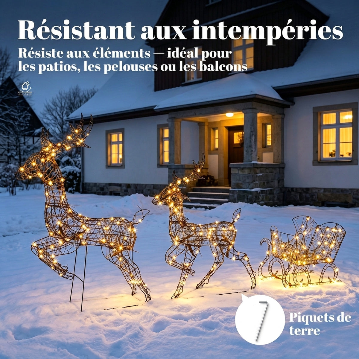 Lot de 2 Rennes de Noël avec Traîneau Lumineux 3 Pièces, 240 LED Blanc Chaud, 8 Modes et Minuterie, 78x22x105cm, Marron-6