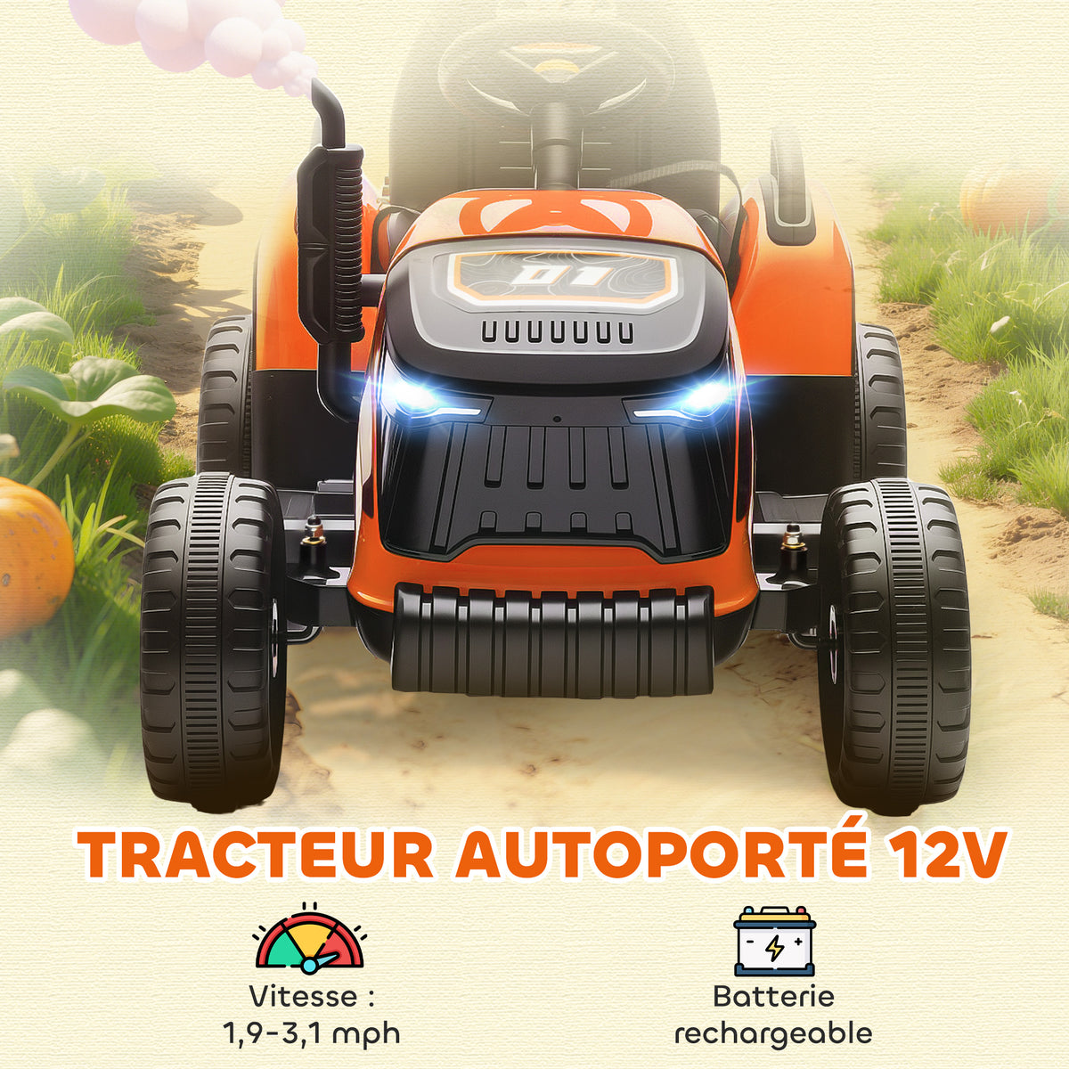 Tracteur électrique enfants avec remorque amovible, voiture électrique enfants, télécommande 2,4G, 139x58x55cm, orange-3