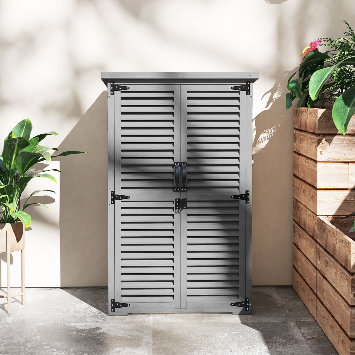 Armoire de Jardin Remise Pour Outils en Bois 2 Étagères Toit Bitumé Portes Persiennes Verrouillable 75 x 50 x 118cm Gris-1
