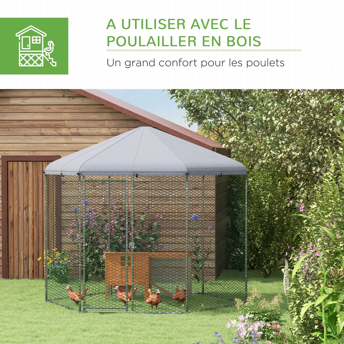 Enclos poulailler extérieur 5 m² parc grillagé dim. 2,8L x 2,45l x 2,46H - espace couvert - 5/8 poules-4