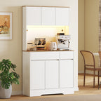 Buffet cuisine meuble cuisine rangement haut avec lumière LED RGB, plan de travail, 6 portes, 2 tiroirs, blanc-9