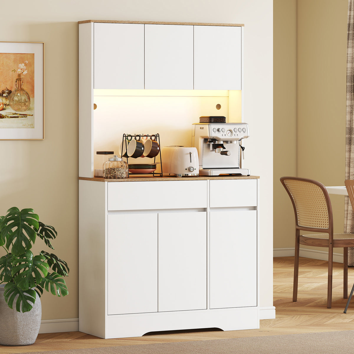 Buffet cuisine meuble cuisine rangement haut avec lumière LED RGB, plan de travail, 6 portes, 2 tiroirs, blanc-9