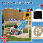 Bac à sable en bois avec jeu de cuisine 6 accessoires coffre rangement gouvernail drapeau 180 x 103 x 144,5 cm naturel-3