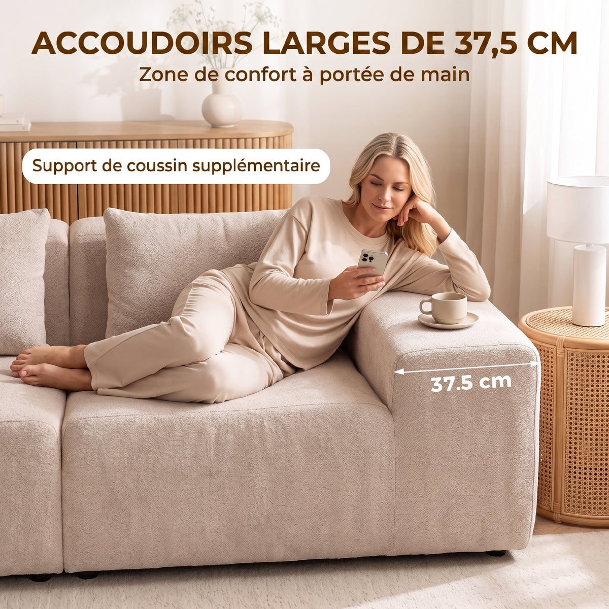 Canapé 3 Places en Chenille 320 cm, Canapé Modulaire, Assise et Accoudoirs Extra-Larges, Entièrement Compressé, Beige-4