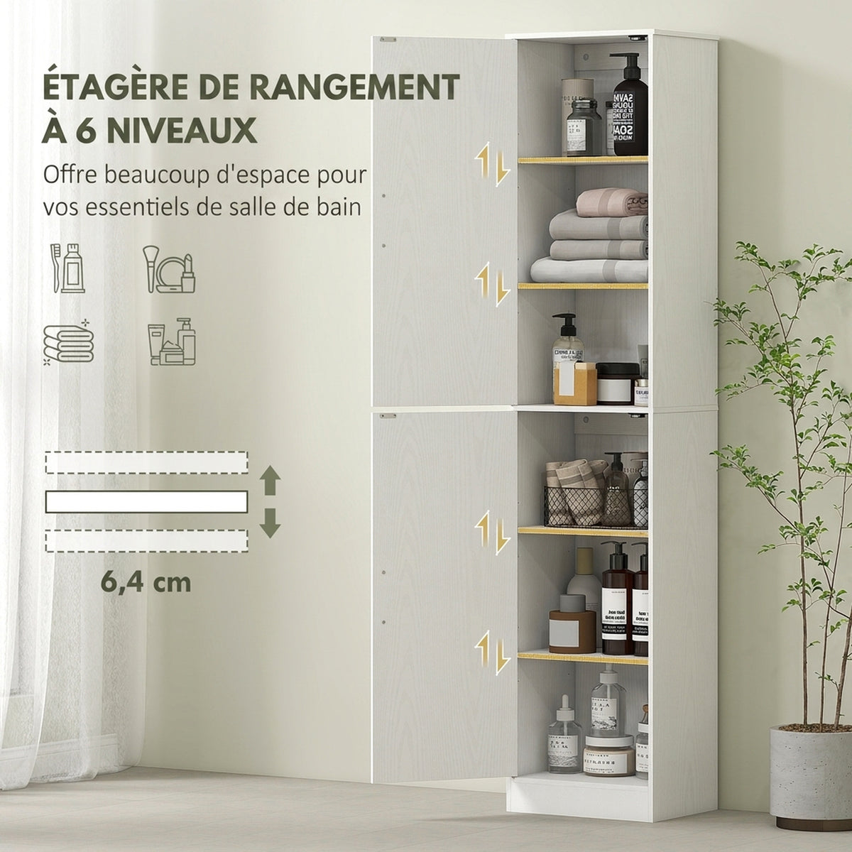 Meuble de salle de bain colonne avec 2 portes et 4 étagères réglables, 40 x 35 x 180 cm, blanc-3