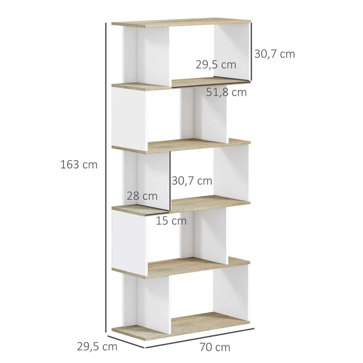 Bibliothèque style scandinave meuble de rangement 5 étagères anti-basculement Charge 25 kg aspect bois & Blanc-2