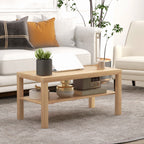 Table basse de salon, table d'appoint rectangulaire à 2 niveaux avec étagère de rangement, 90x45x44,5cm, bois naturel-9