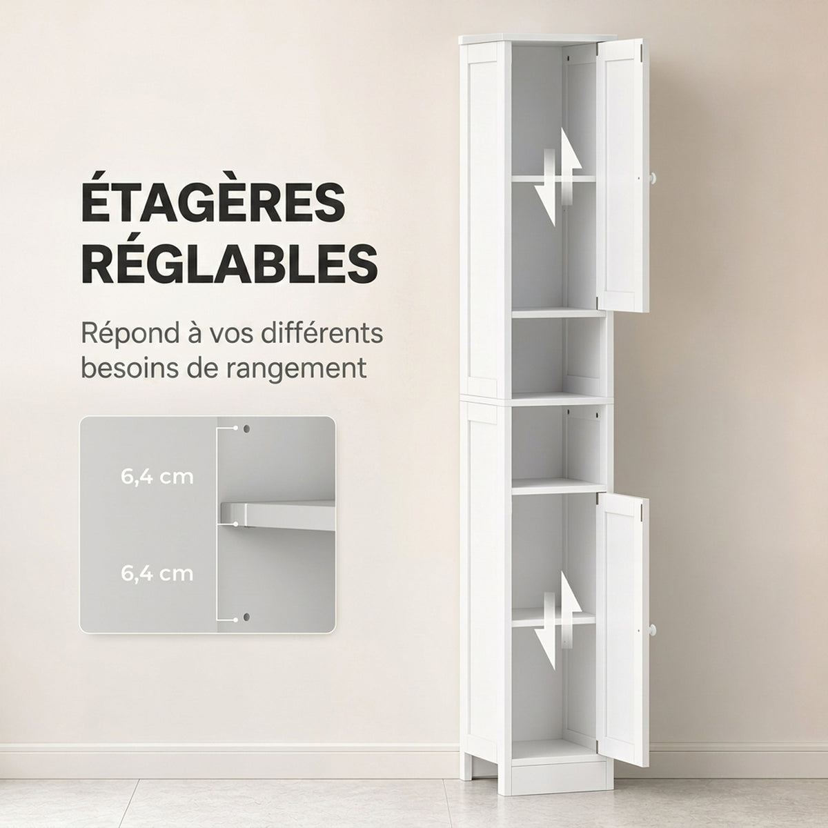 Meuble de salle de bain haut, meuble de rangement avec 2 portes, 2 compartiments ouverts, étagère réglable, blanc-5