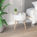Table basse - table de chevet - table de nuit ronde - design scandinave table d'appoint bout de canapé avec tiroir pieds effilés inclinés bois massif chêne clair blanc-1