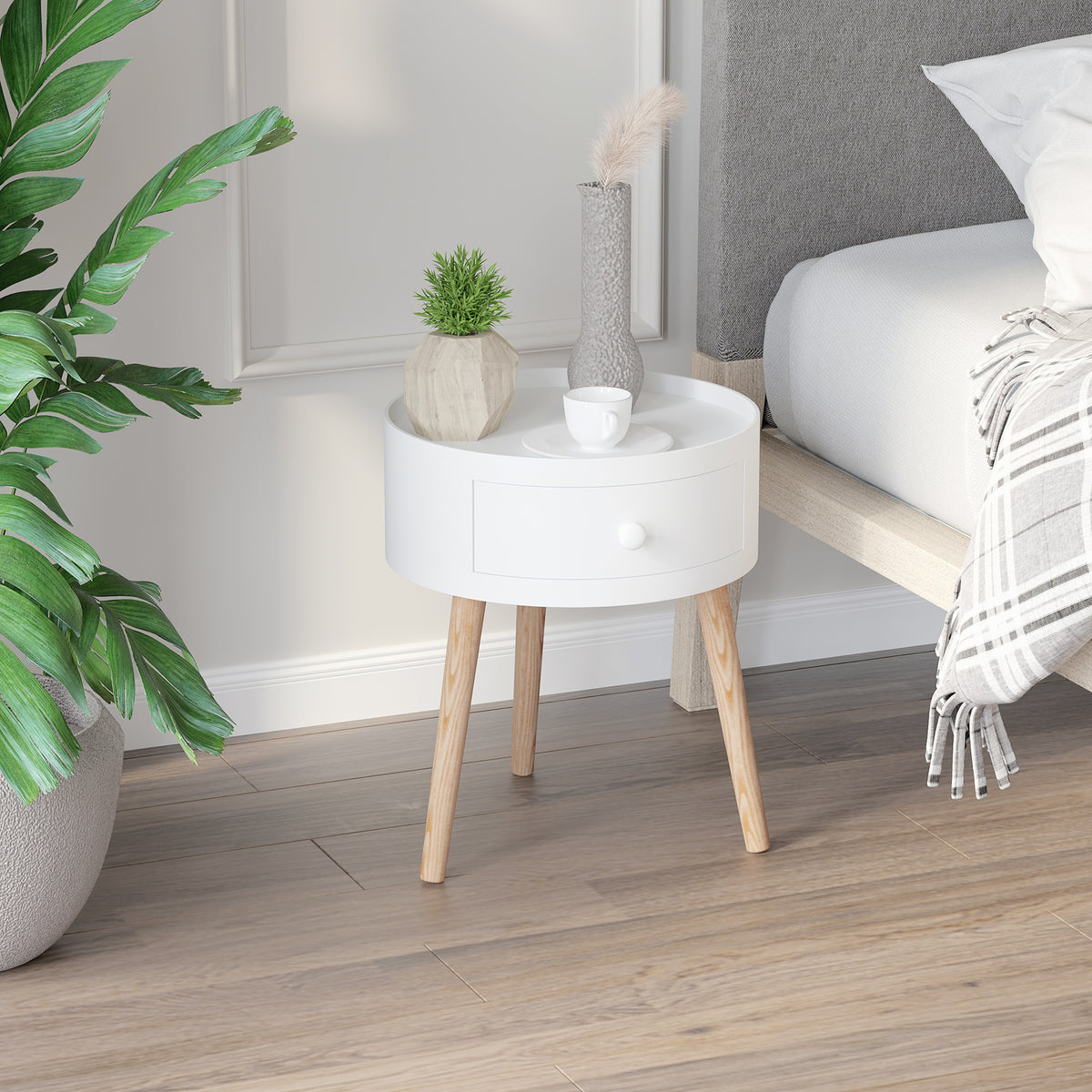 Table basse - table de chevet - table de nuit ronde - design scandinave table d'appoint bout de canapé avec tiroir pieds effilés inclinés bois massif chêne clair blanc-1