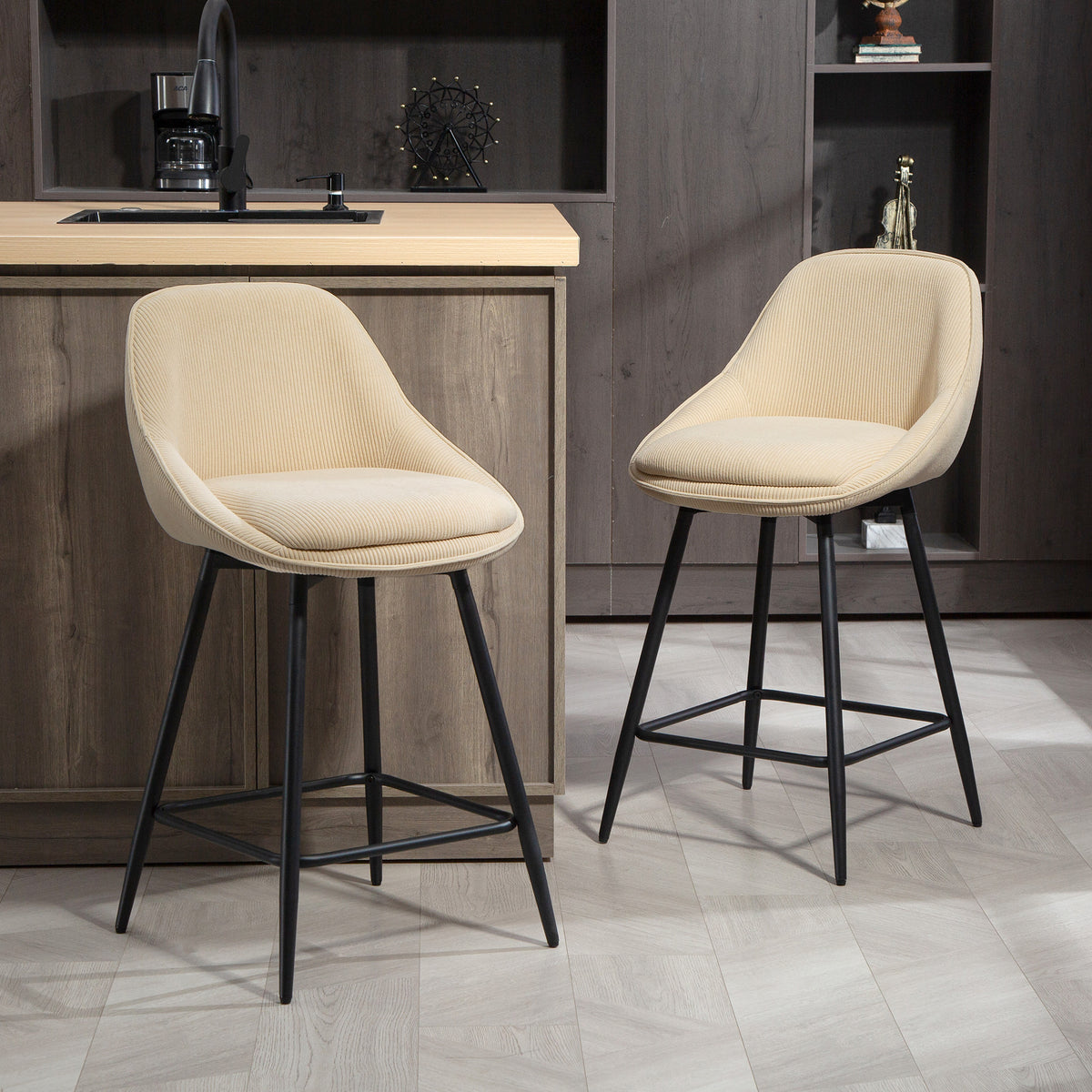 Lot de 2 tabourets de bar en tissu velours côtelé, chaises de bar avec dossier courbé, repose-pieds, 49x52x88cm, beige-9